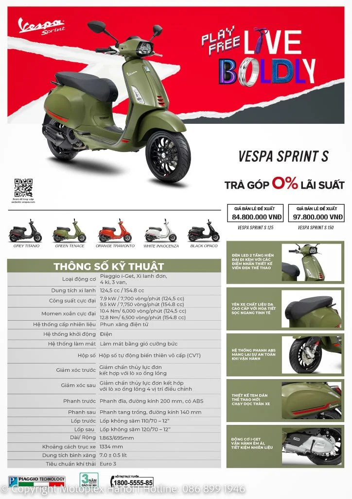 Vespa Sprint S 150 - 2024 Hiện đại, Thời trang. Bảo Hành 3 năm. - FMG Mobility